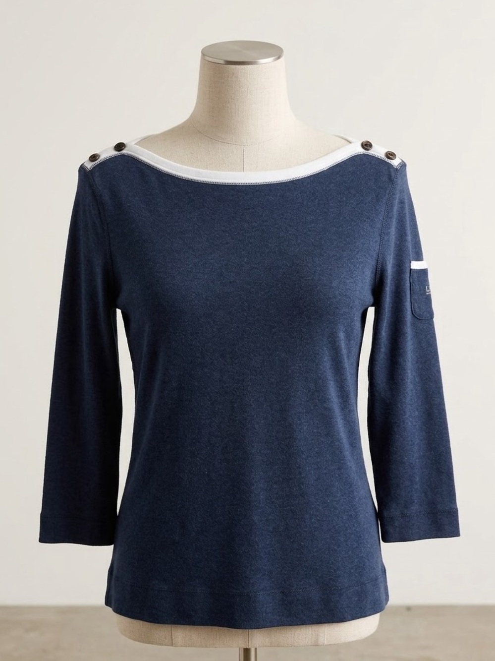 Lauren Ralph Lauren Navy Blue Button Shoulder Boatneck Top Knit XL Coastal